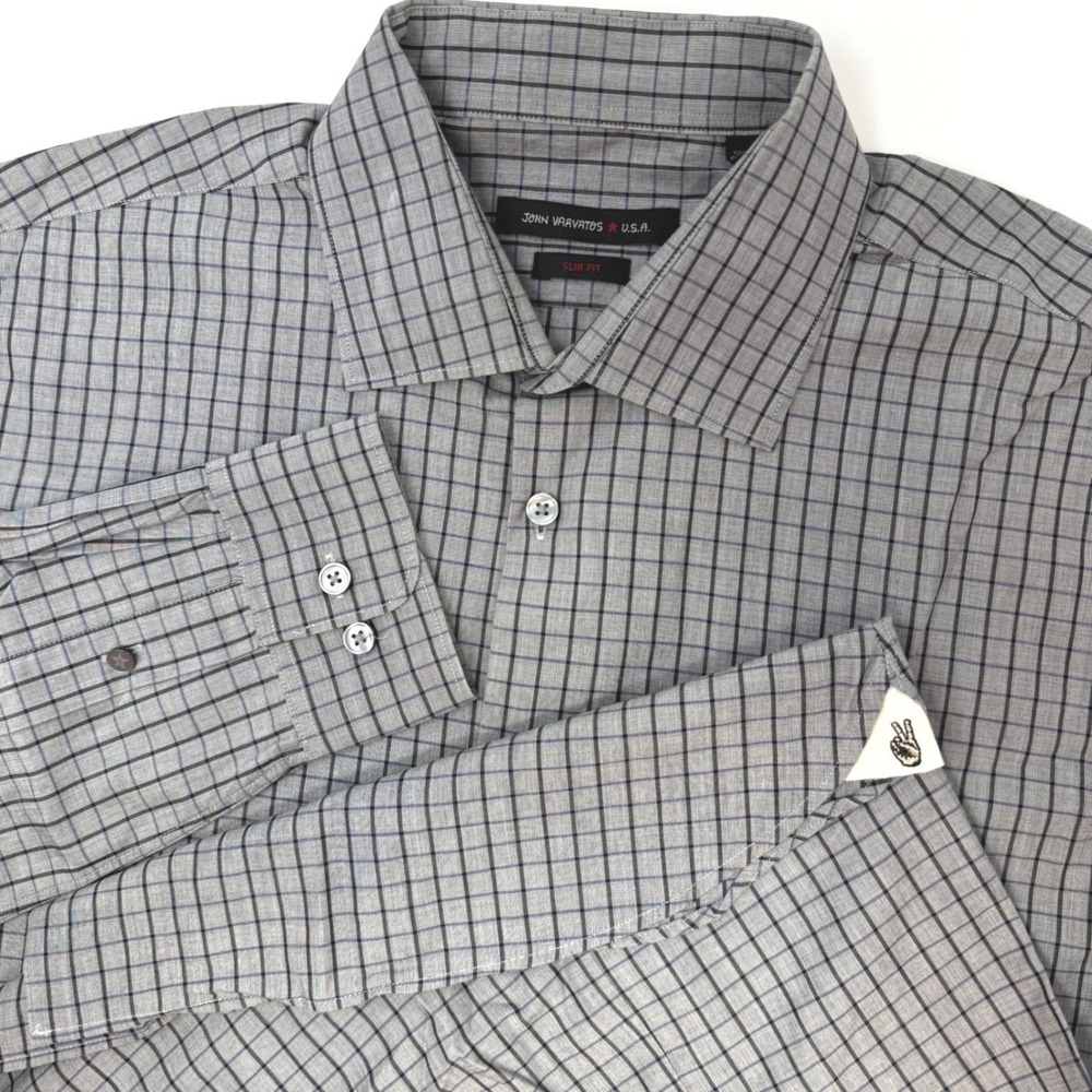 John Varvatos USA Mens 16 34/35 Slim Fit Gray Grid Check Button Down Shirt